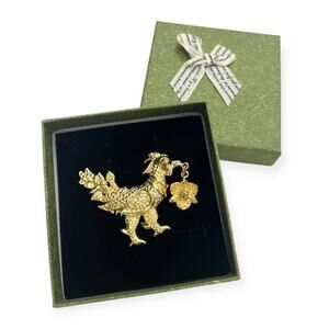 Decorative Vintage-Style Gold-Tone Phoenix Brooch with Dangling Flower Charm NWB